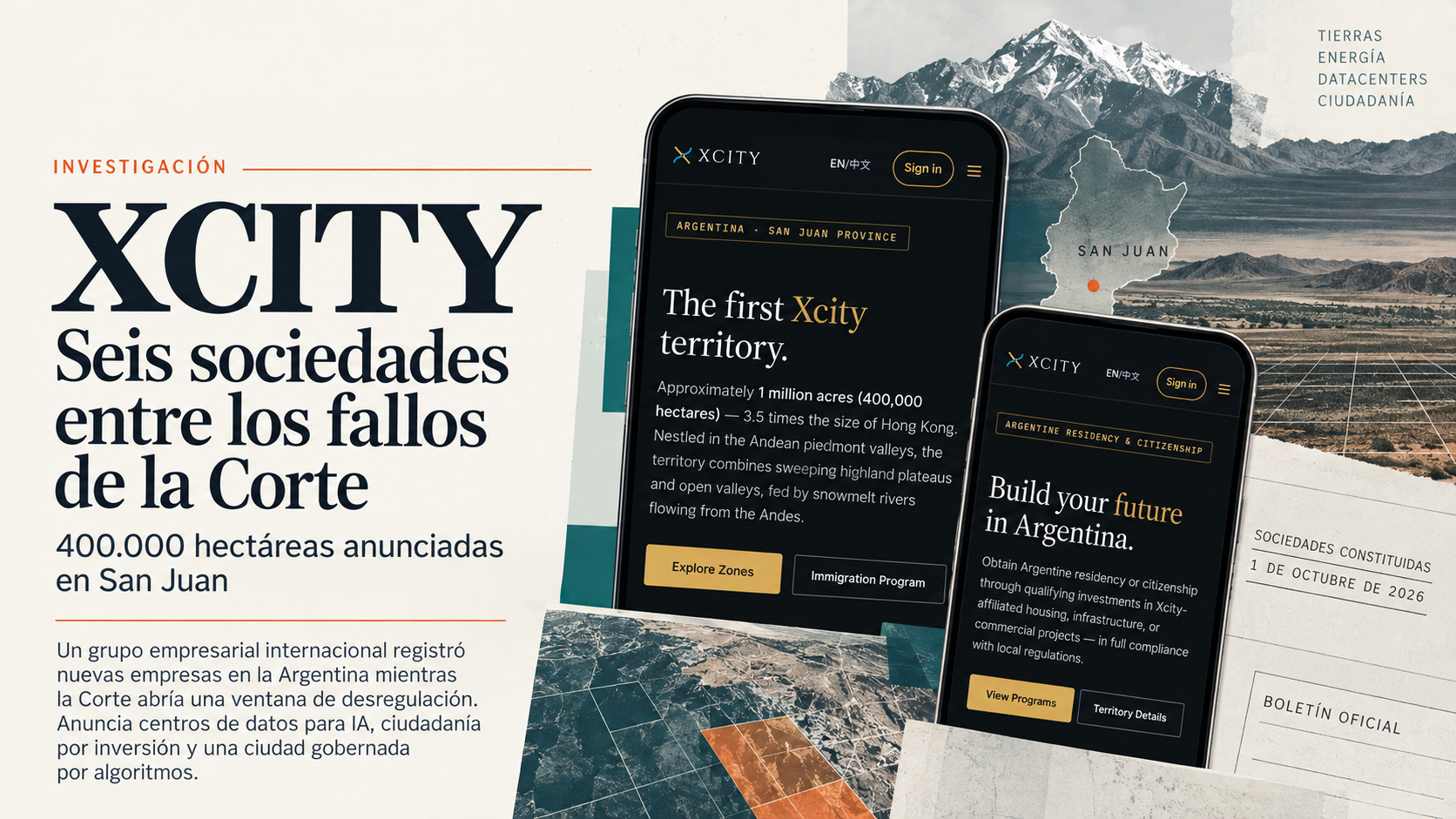 Ilustración editorial de la investigación Xcity: seis sociedades entre los fallos de la Corte, con dos teléfonos, referencias a San Juan y al Boletín Oficial.